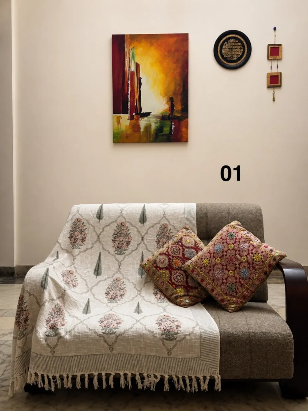 Hand Block Printed Jute Sofa Throw, Boho Indian Home Decor Blanket